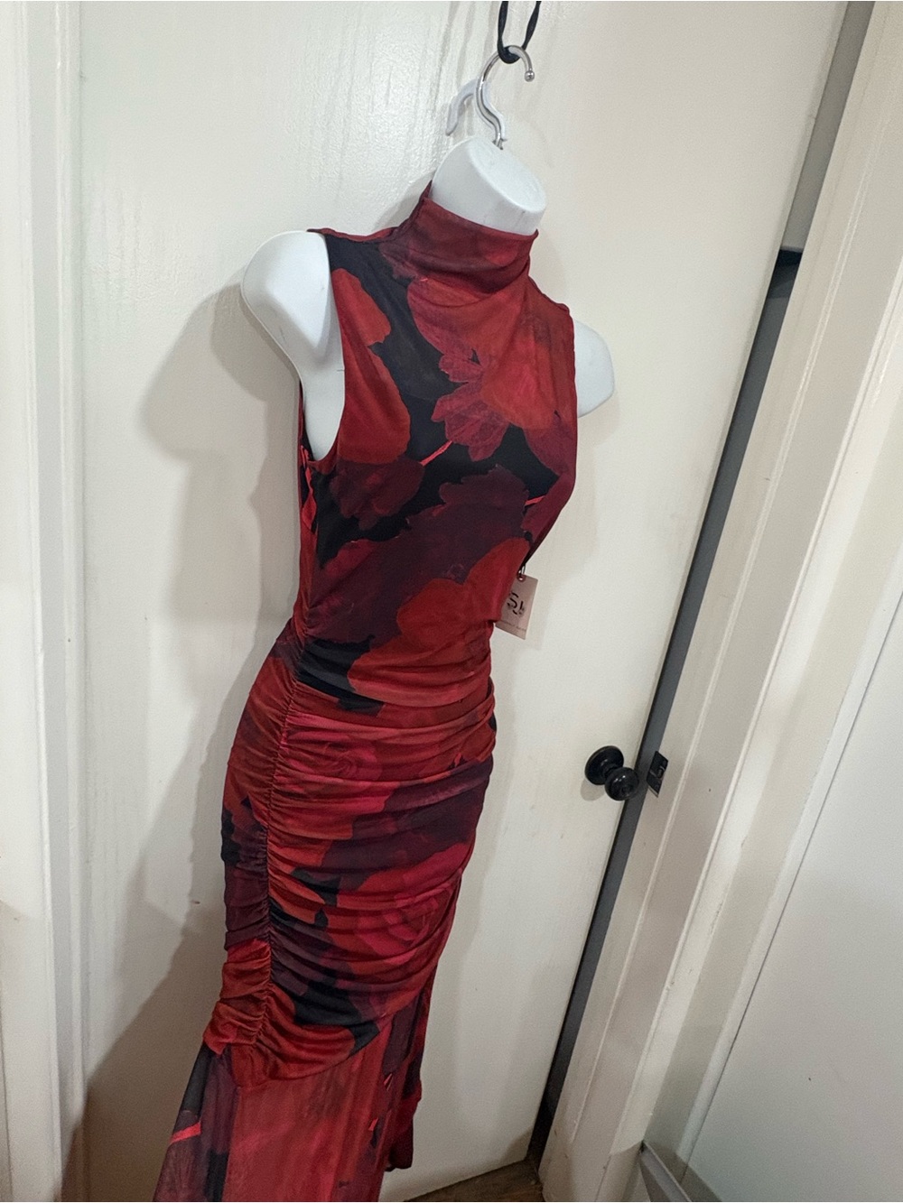 Sleeveless Red Retro evening whimsigoth Floral Ruched Maxi Dress - Picture 2 of 5